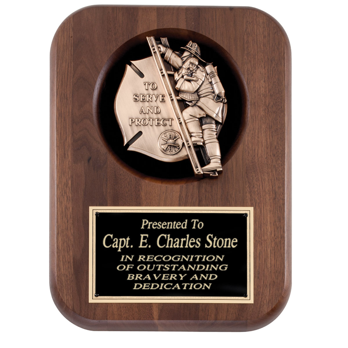 Walnut plaque with recessed round To Serve and Protect firefighter casting and engraved plate