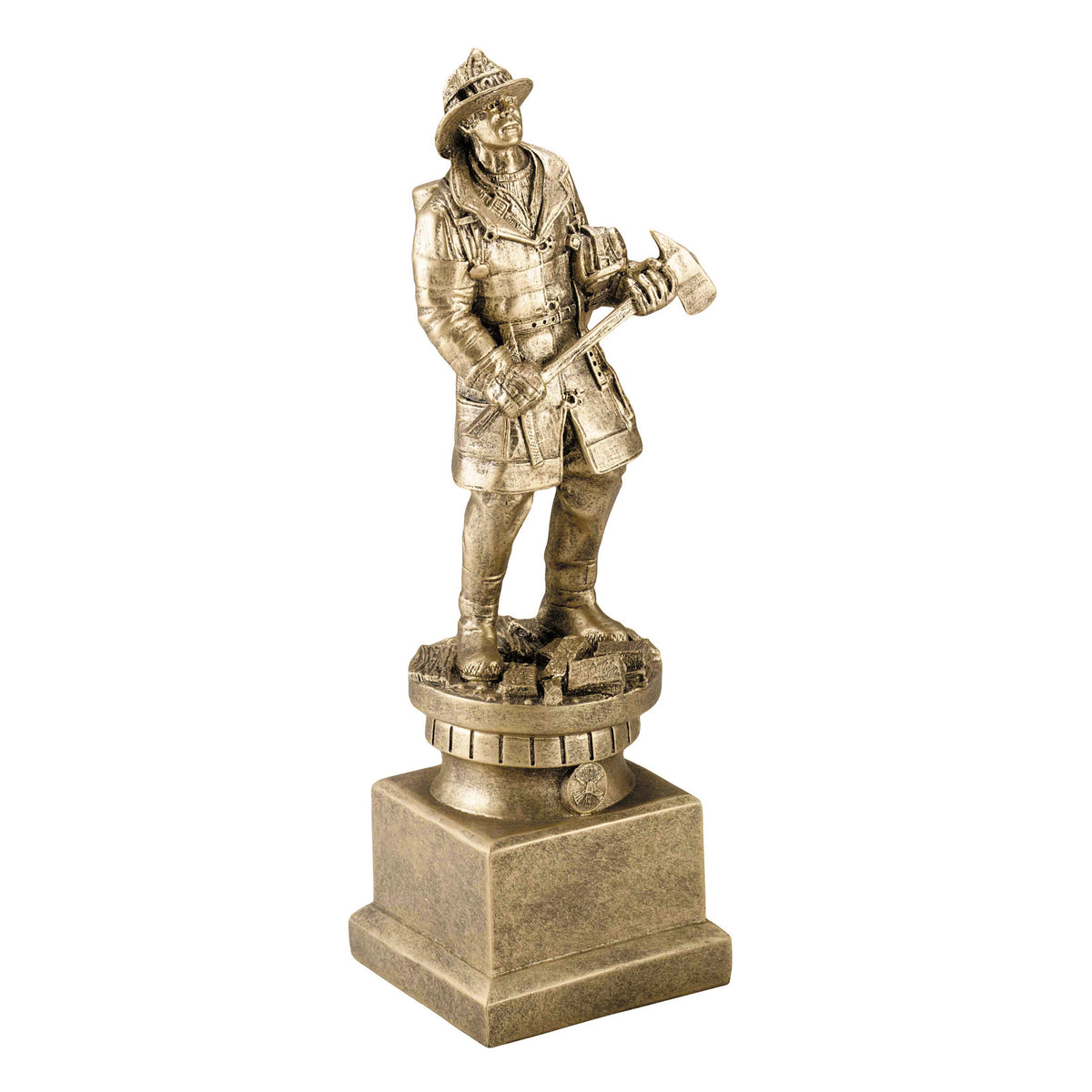 Antique gold resin firefighter holding an axe figure award with Maltese cross base