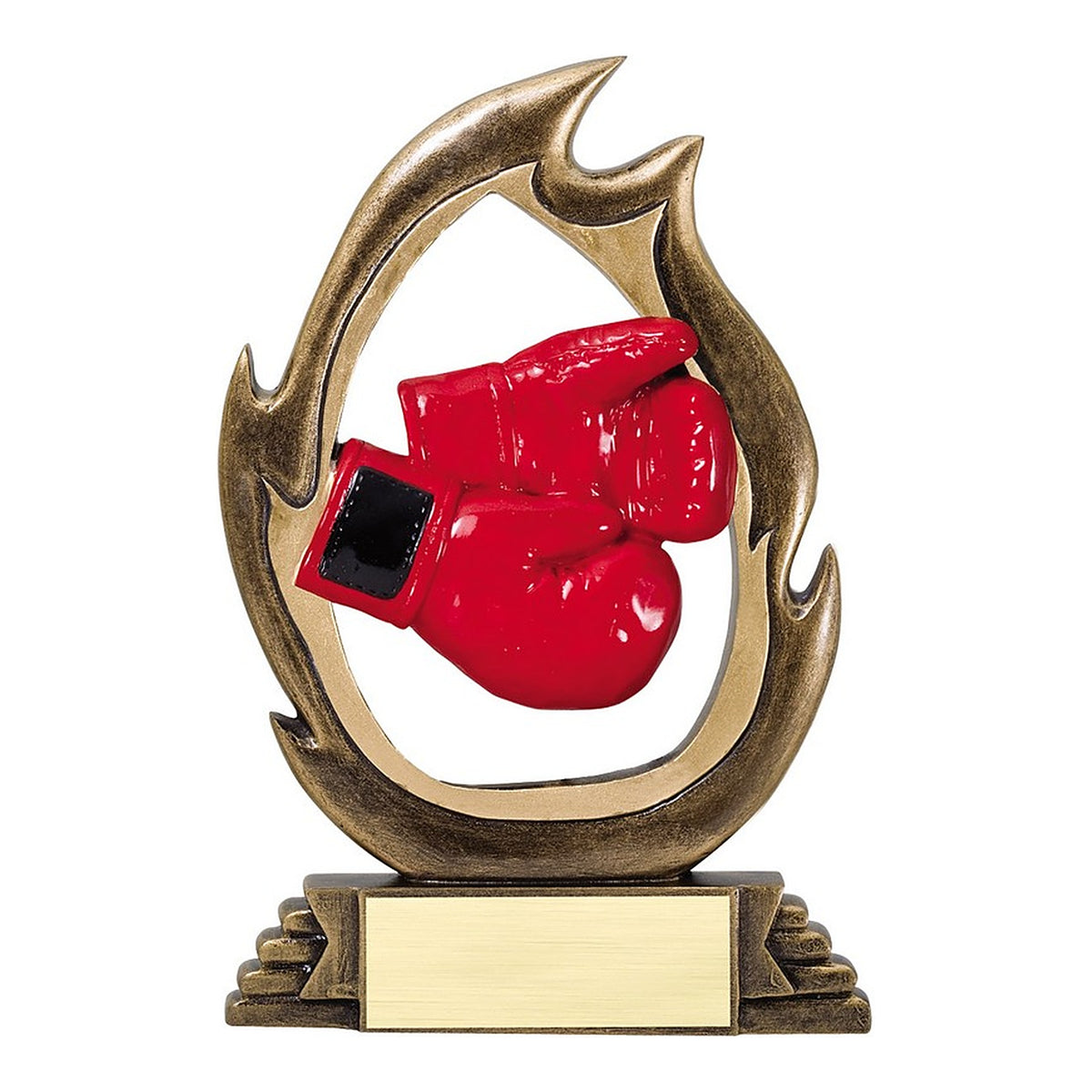 Flame series boxing trophy with red boxing gloves inside a gold flame and engraving plate