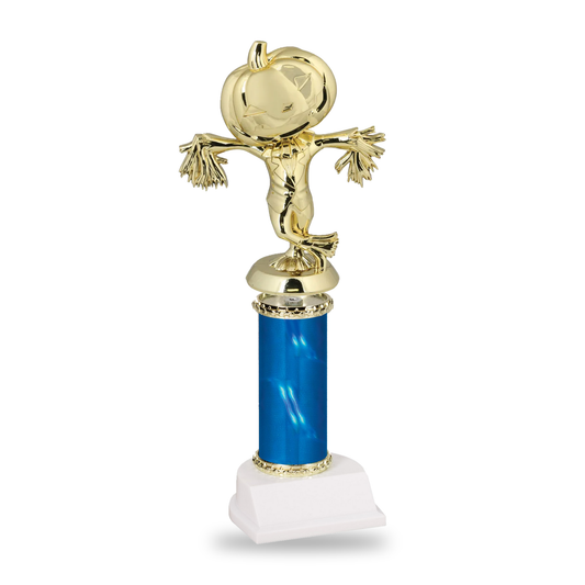 Gold pumpkin-headed scarecrow Halloween trophy on a blue column with gold star trim and white base