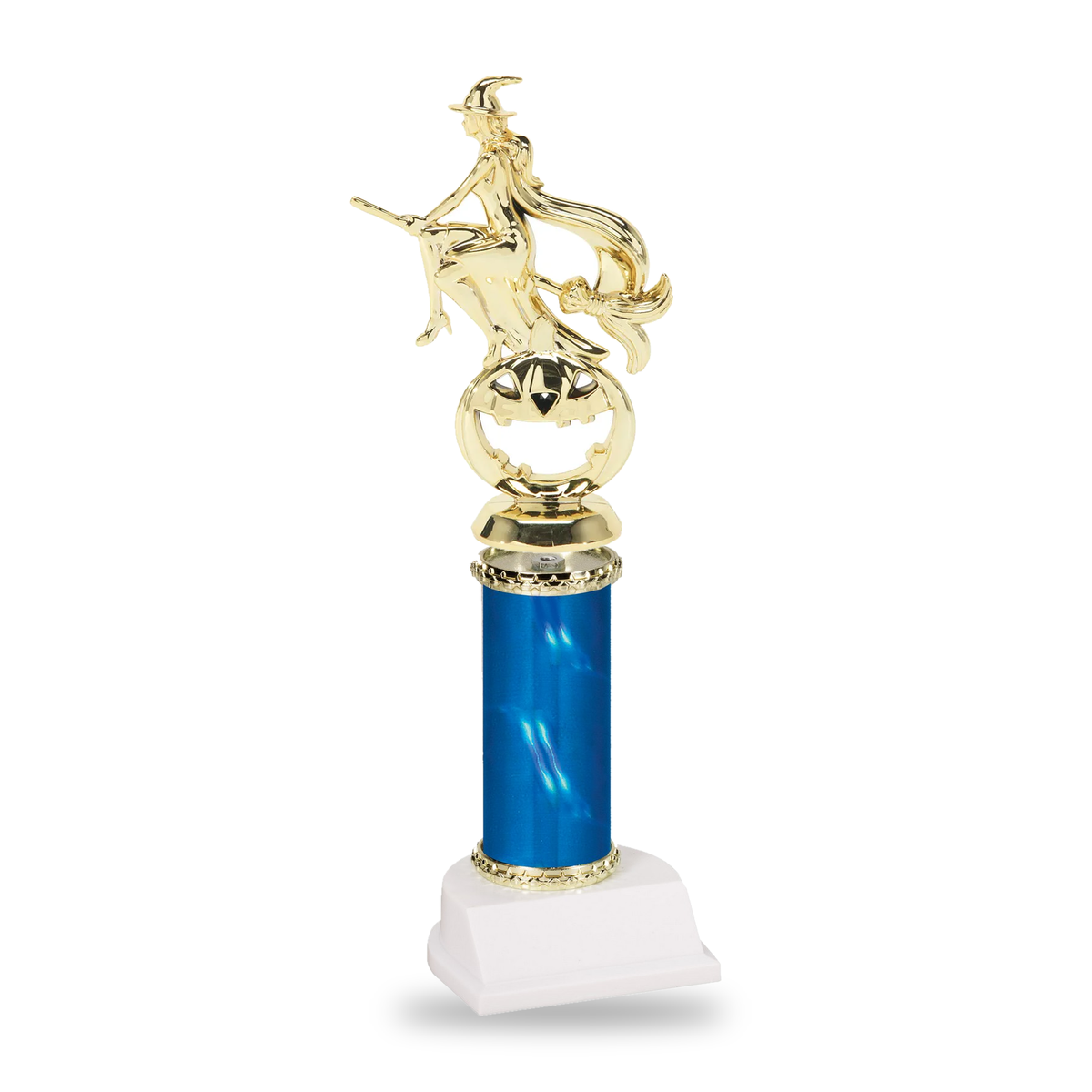 Gold witch flying over a jack-o-lantern Halloween trophy on a blue column with gold star trim and white base