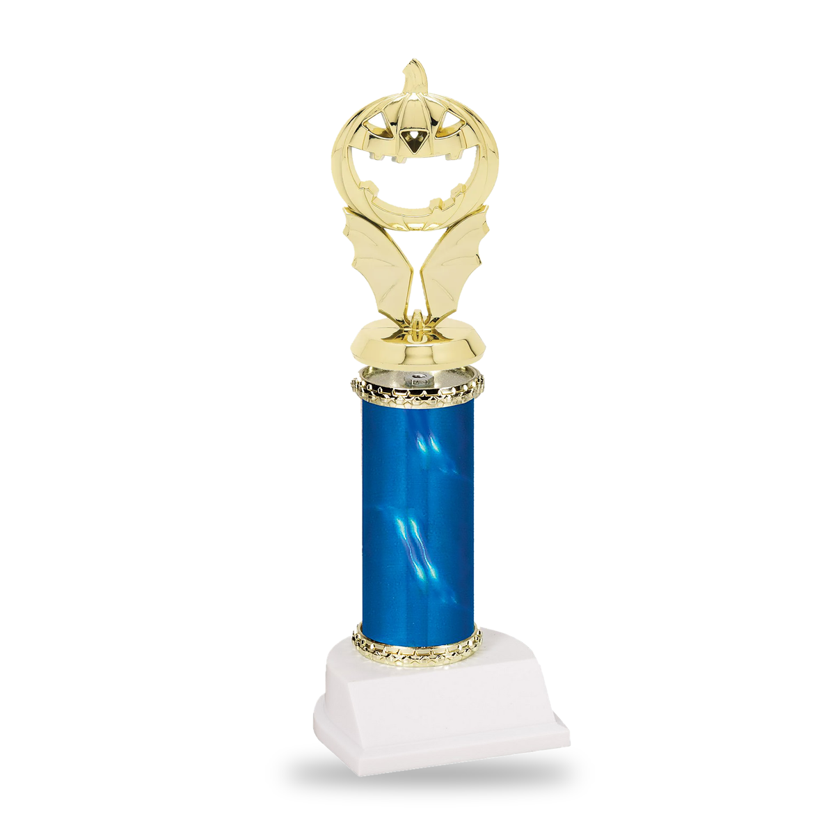 Gold winged jack-o-lantern Halloween trophy on a blue column with gold star trim and white base