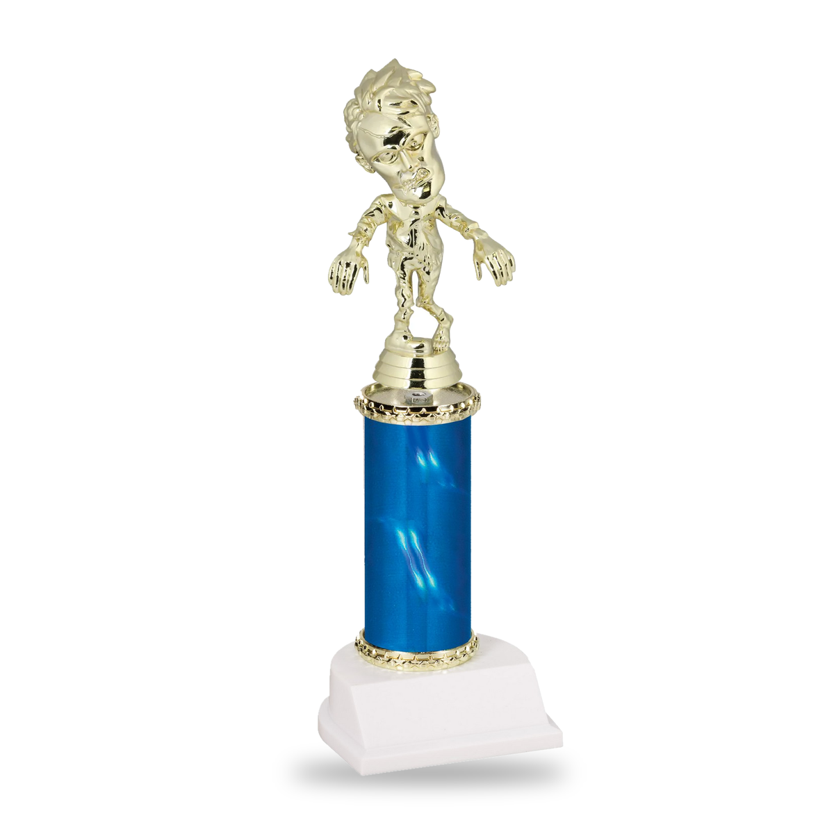 Gold zombie Halloween trophy on a blue column with gold star trim and white base
