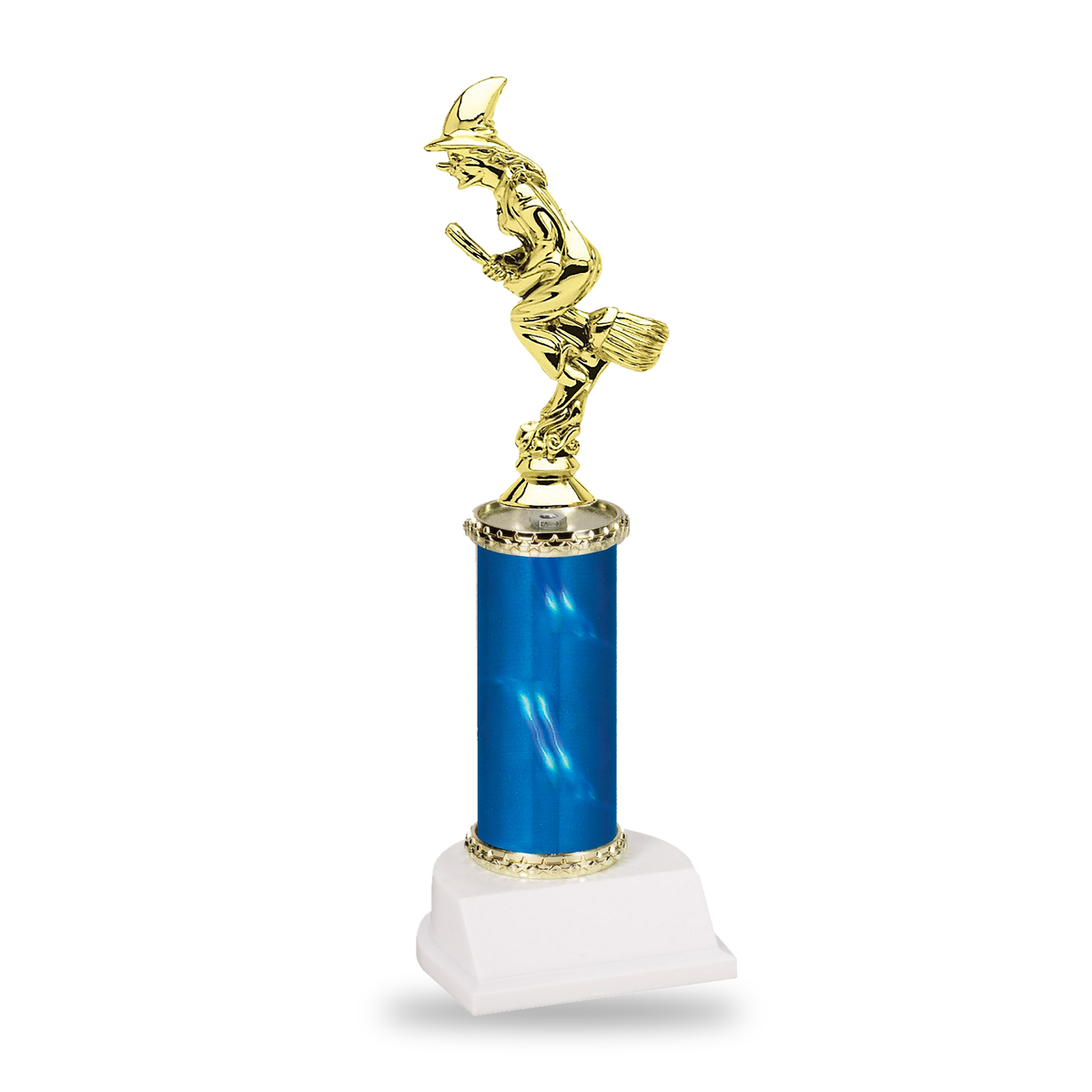 Gold classic crescent-hat witch on a broomstick Halloween trophy on a blue column with gold star trim and white base
