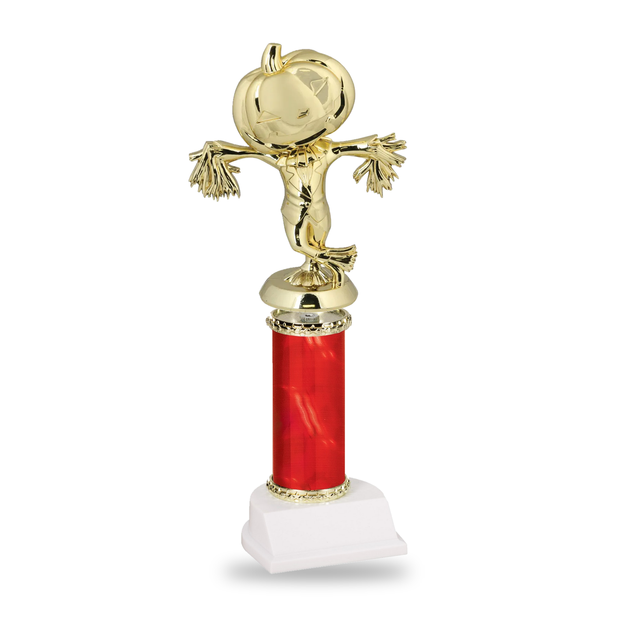 Gold pumpkin-headed scarecrow Halloween trophy on a red column with gold star trim and white base
