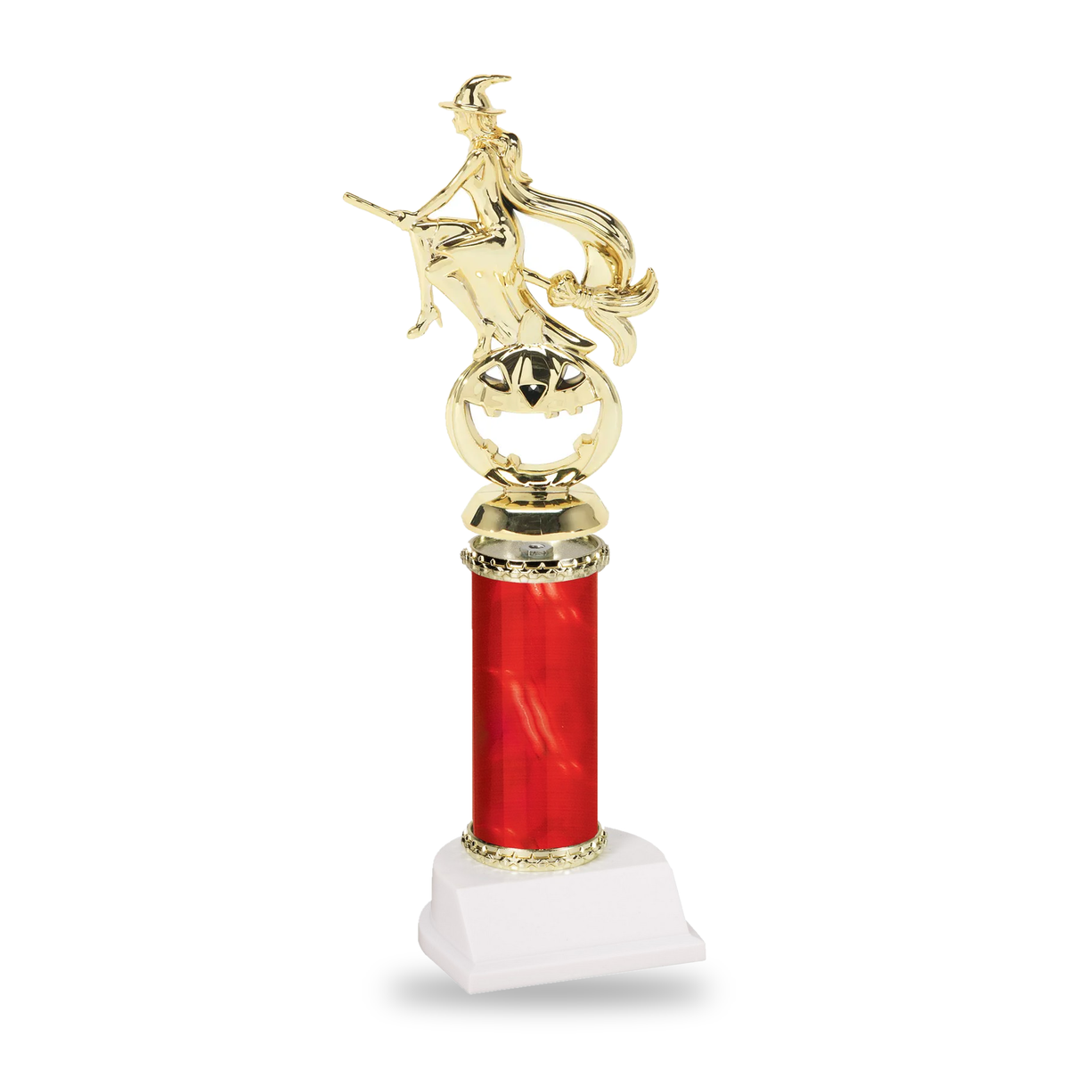 Gold witch flying over a jack-o-lantern Halloween trophy on a red column with gold star trim and white base