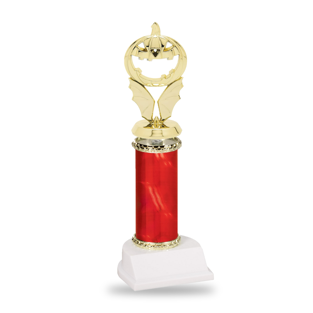 Gold winged jack-o-lantern Halloween trophy on a red column with gold star trim and white base