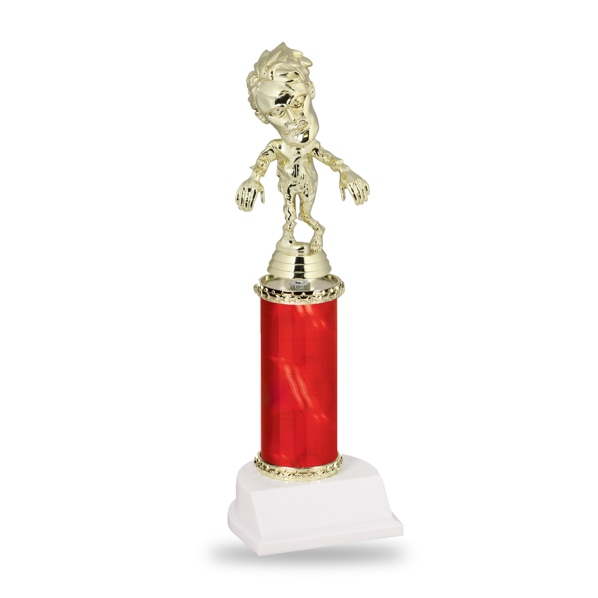 Gold zombie Halloween trophy on a red column with gold star trim and white base