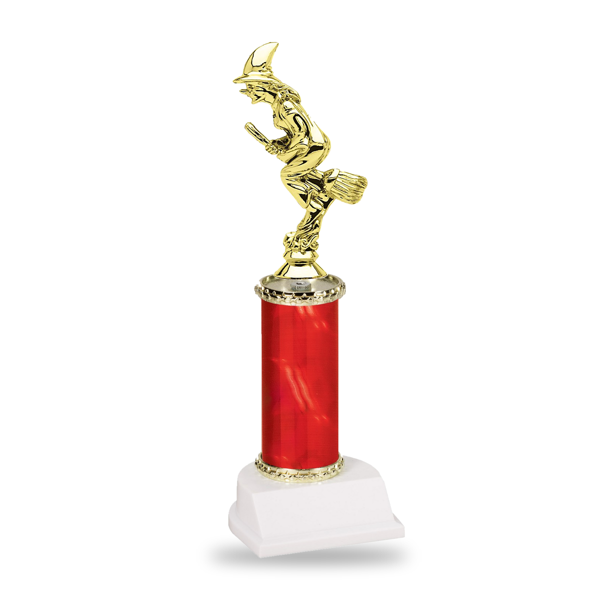 Gold classic crescent-hat witch on a broomstick Halloween trophy on a red column with gold star trim and white base