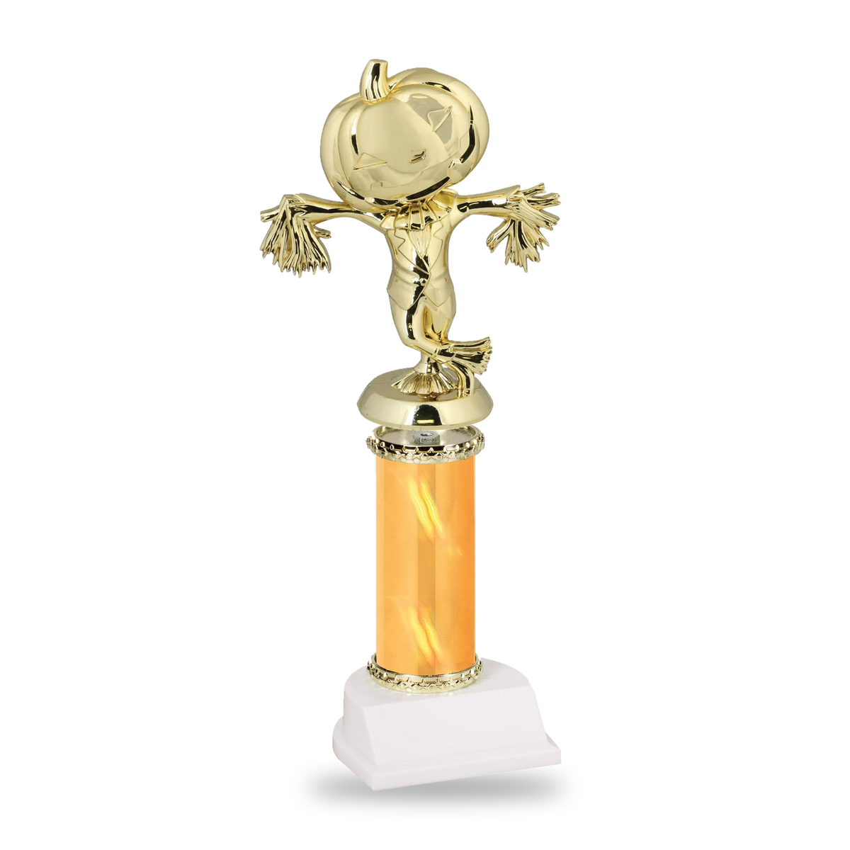 Gold pumpkin-headed scarecrow Halloween trophy on a gold column with gold star trim and white base