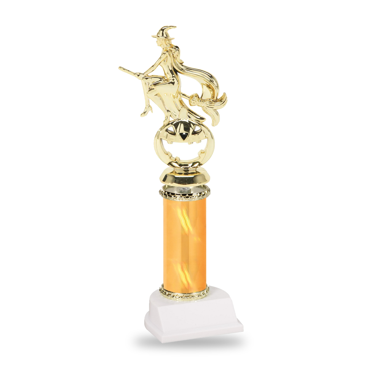 Gold witch flying over a jack-o-lantern Halloween trophy on a gold column with gold star trim and white base