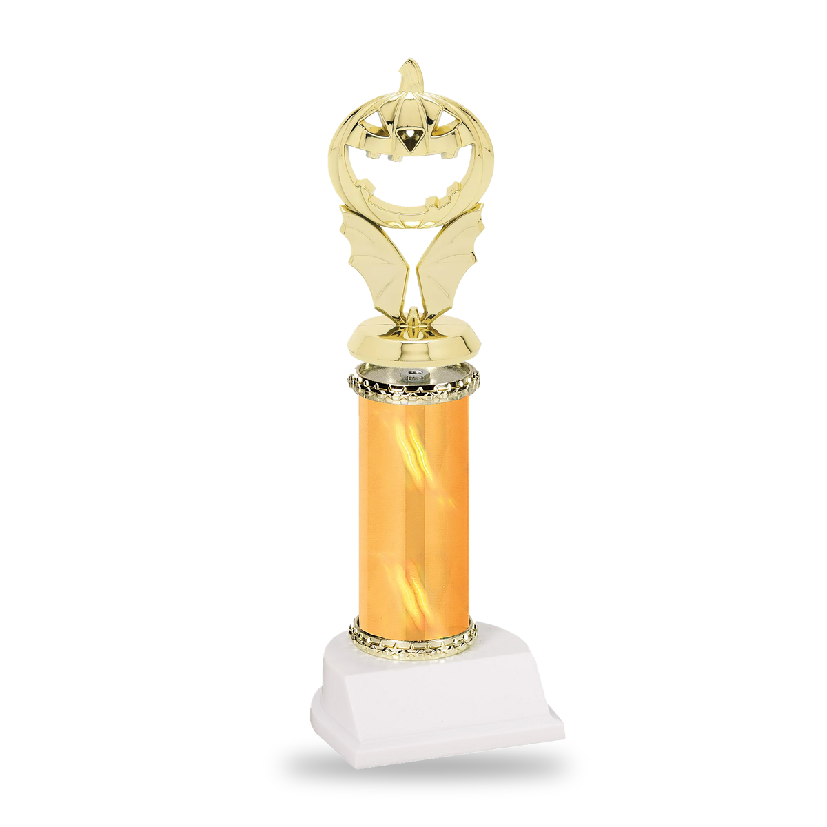 Gold winged jack-o-lantern Halloween trophy on a gold column with gold star trim and white base