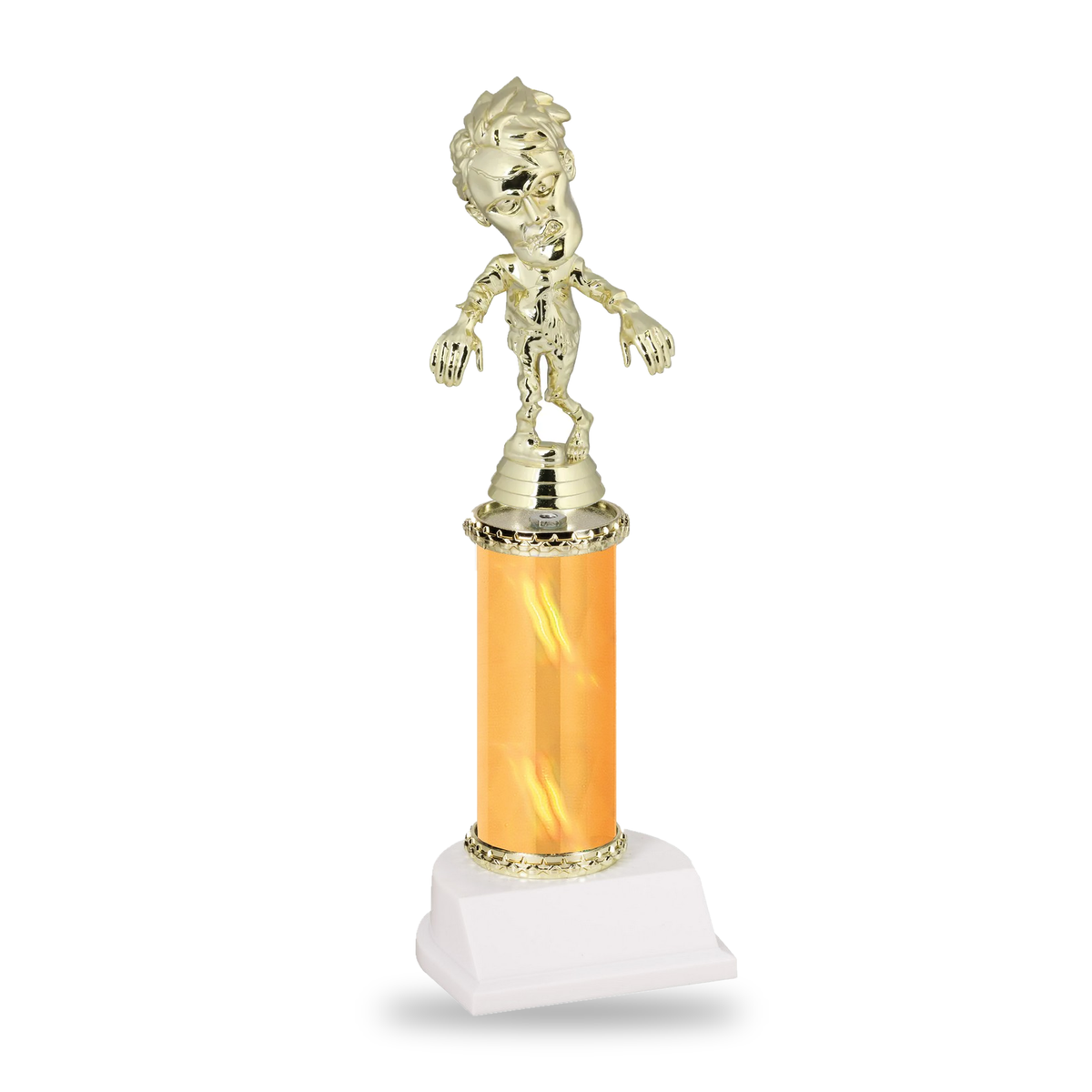 Gold zombie Halloween trophy on a gold column with gold star trim and white base