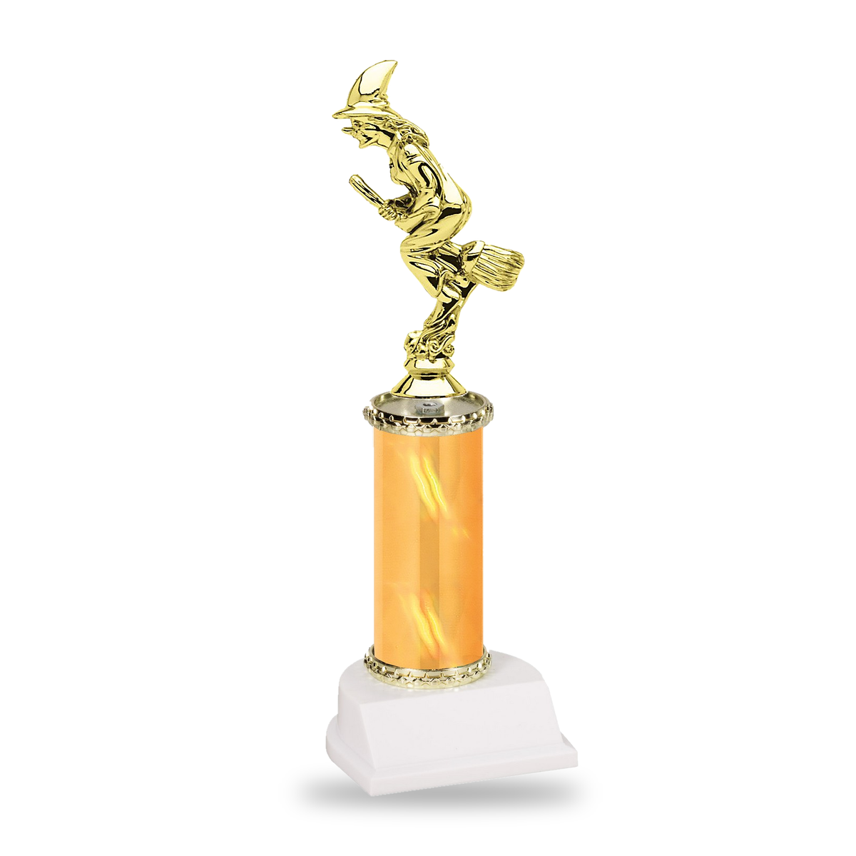Gold classic crescent-hat witch on a broomstick Halloween trophy on a gold column with gold star trim and white base