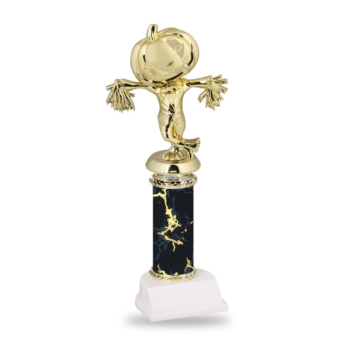 Gold pumpkin-headed scarecrow Halloween trophy on a black marble column with gold star trim and white base