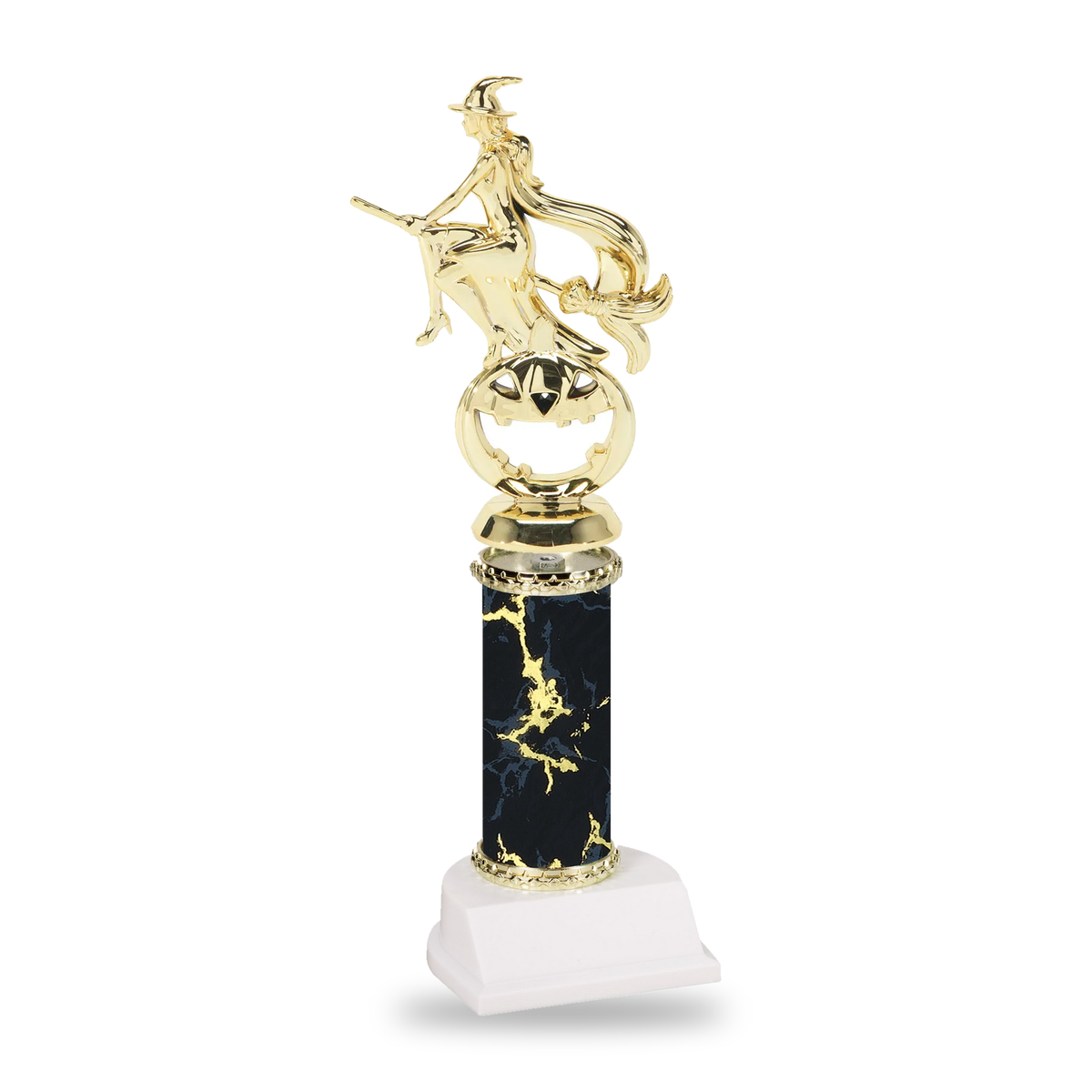 Gold witch flying over a jack-o-lantern Halloween trophy on a black marble column with gold star trim and white base