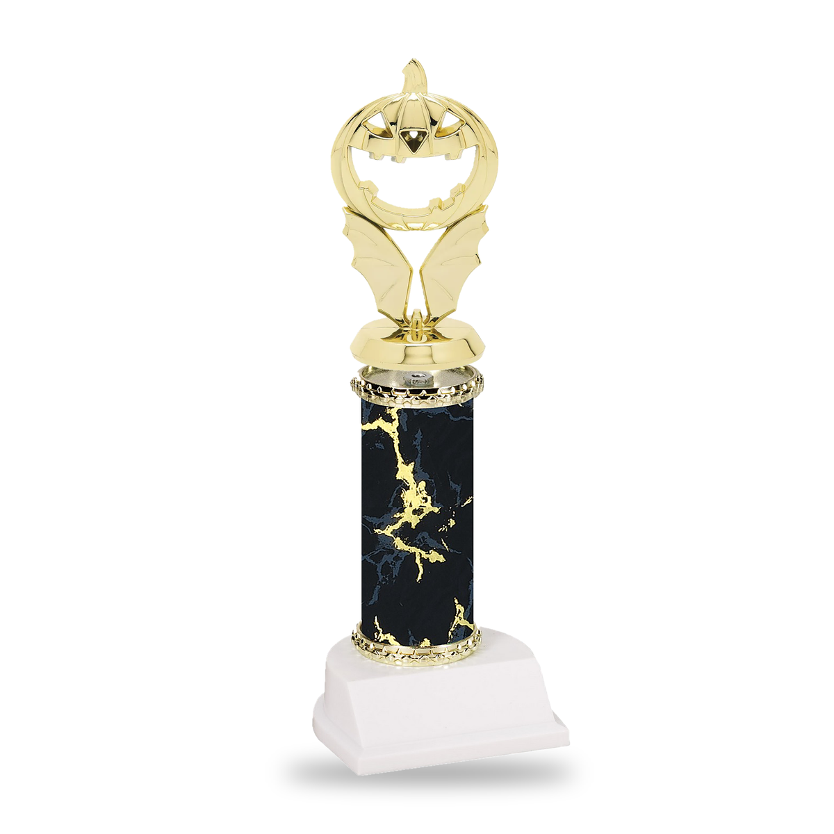 Gold winged jack-o-lantern Halloween trophy on a black marble column with gold star trim and white base