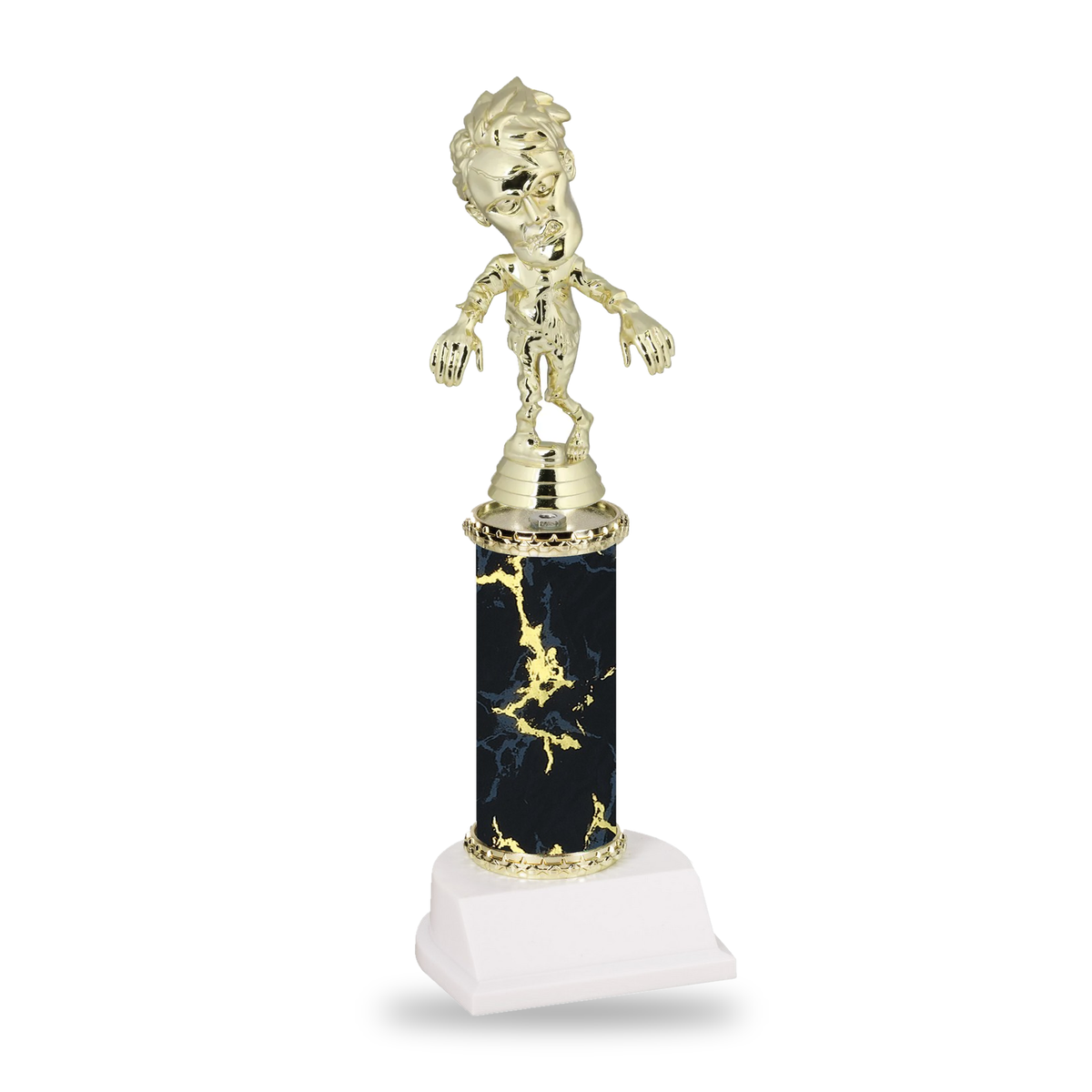 Gold zombie Halloween trophy on a black marble column with gold star trim and white base