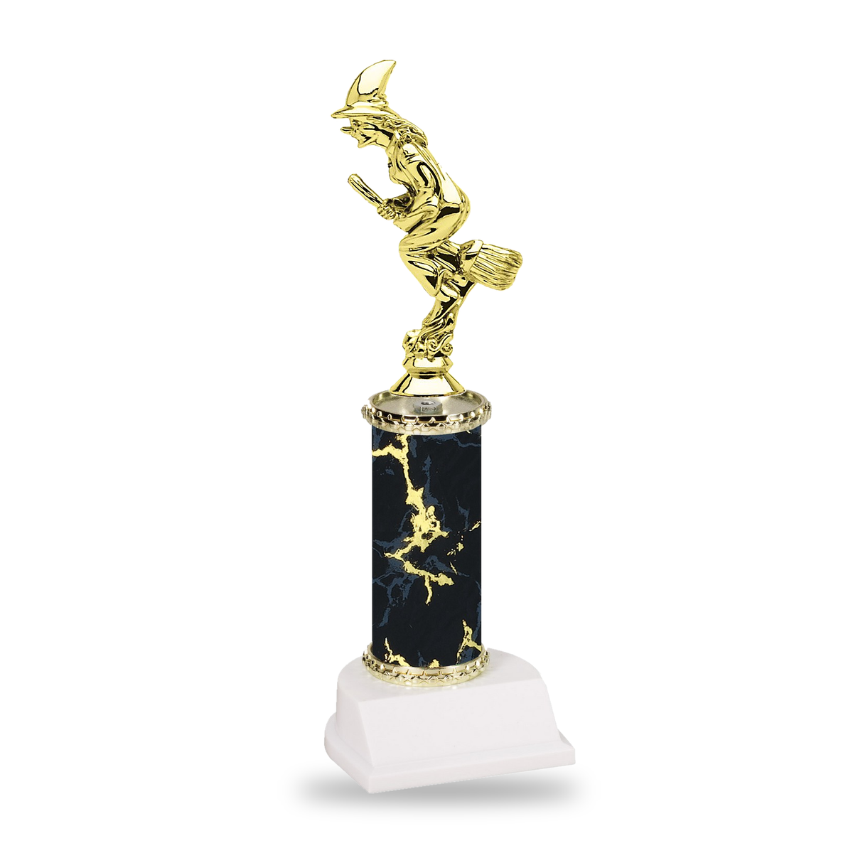 Gold classic crescent-hat witch on a broomstick Halloween trophy on a black marble column with gold star trim and white base