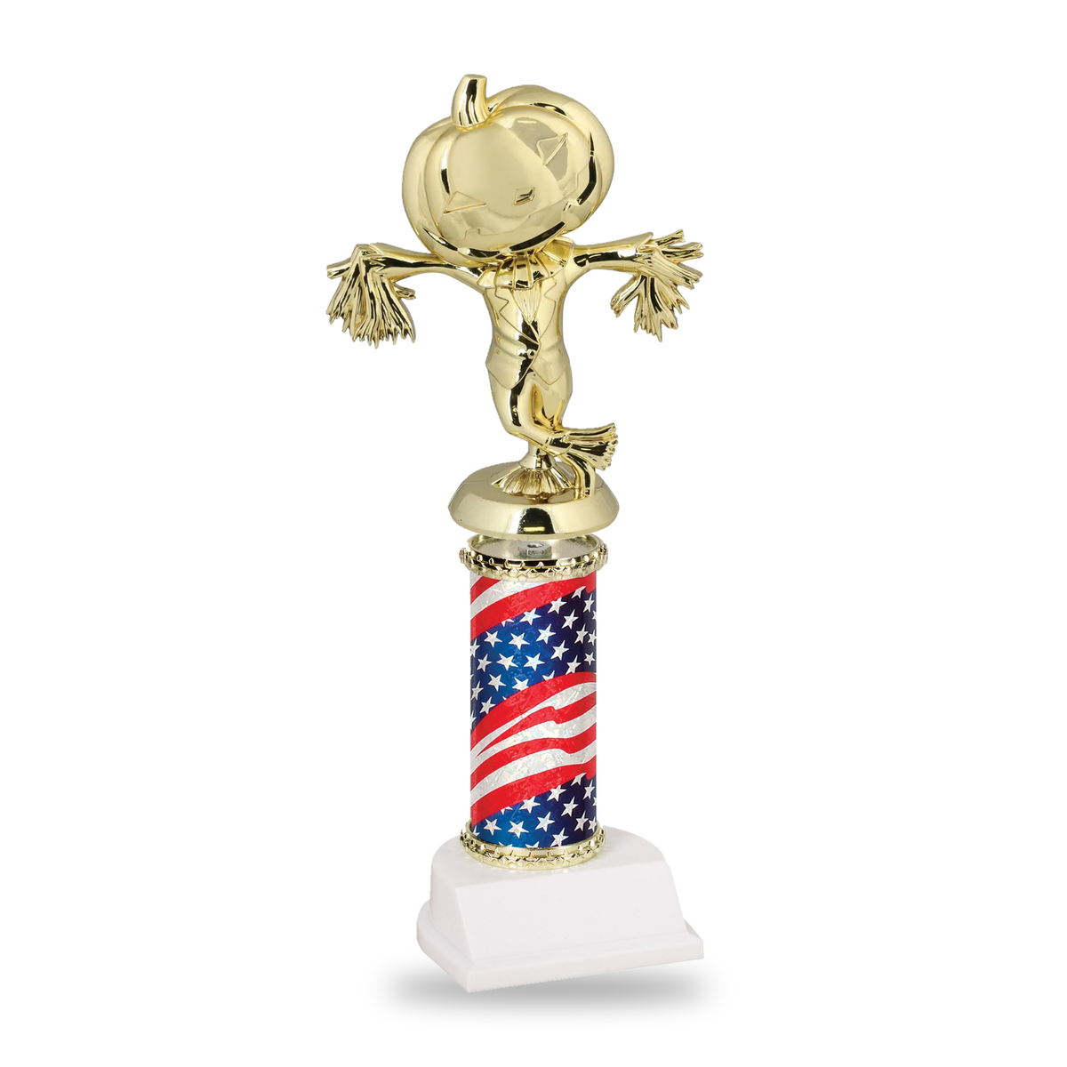 Gold pumpkin-headed scarecrow Halloween trophy on a stars and stripes flag column with gold star trim and white base