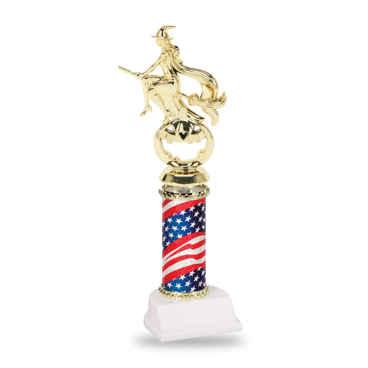 Gold witch flying over a jack-o-lantern Halloween trophy on a stars and stripes flag column with gold star trim and white base