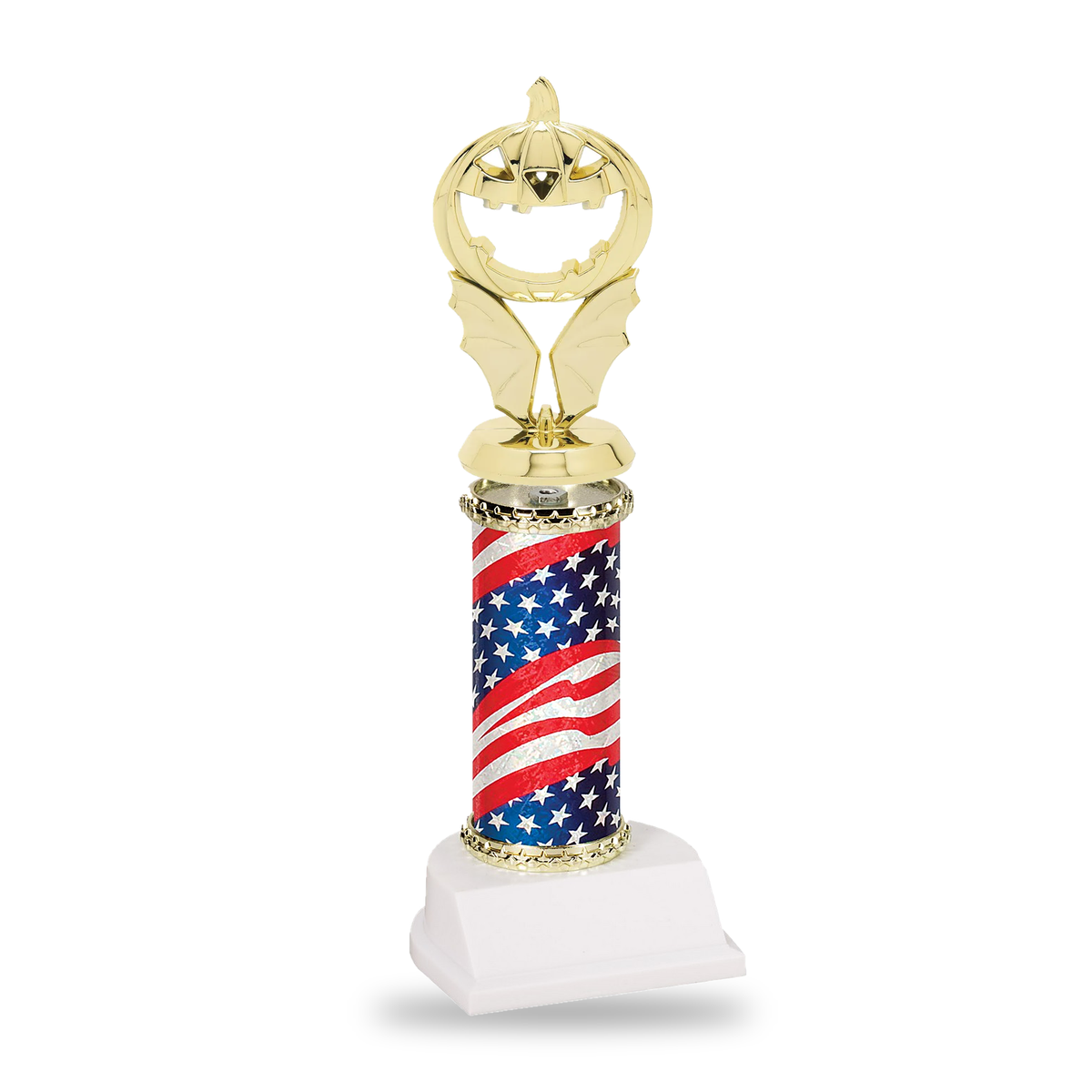 Gold winged jack-o-lantern Halloween trophy on a stars and stripes flag column with gold star trim and white base