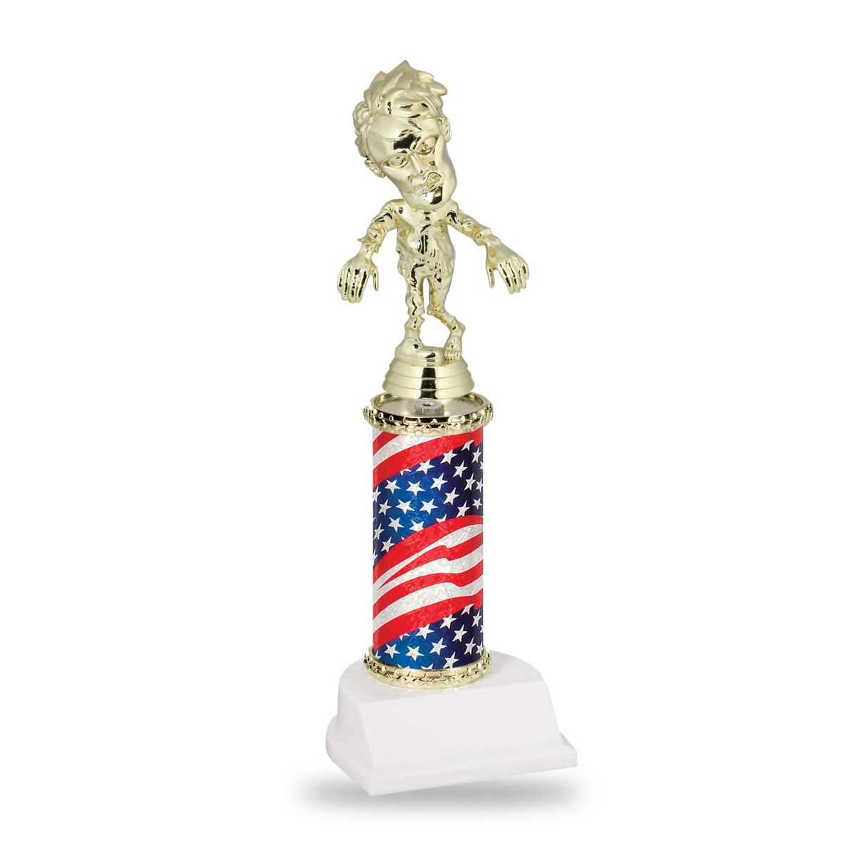 Gold zombie Halloween trophy on a stars and stripes flag column with gold star trim and white base