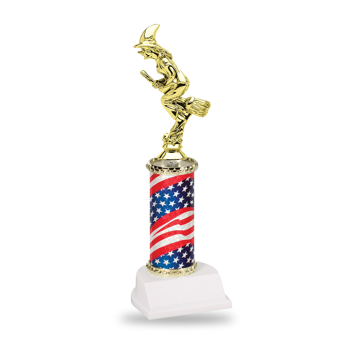 Gold classic crescent-hat witch on a broomstick Halloween trophy on a stars and stripes flag column with gold star trim and white base