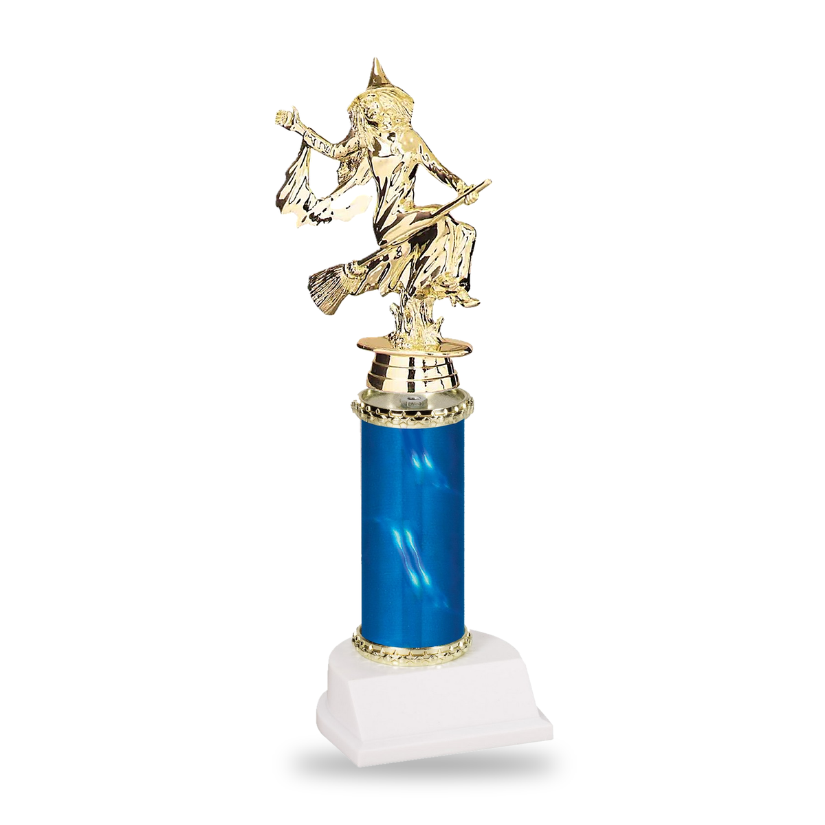 Gold witch with flowing sleeves riding a broomstick Halloween trophy on a blue column with gold star trim and white base
