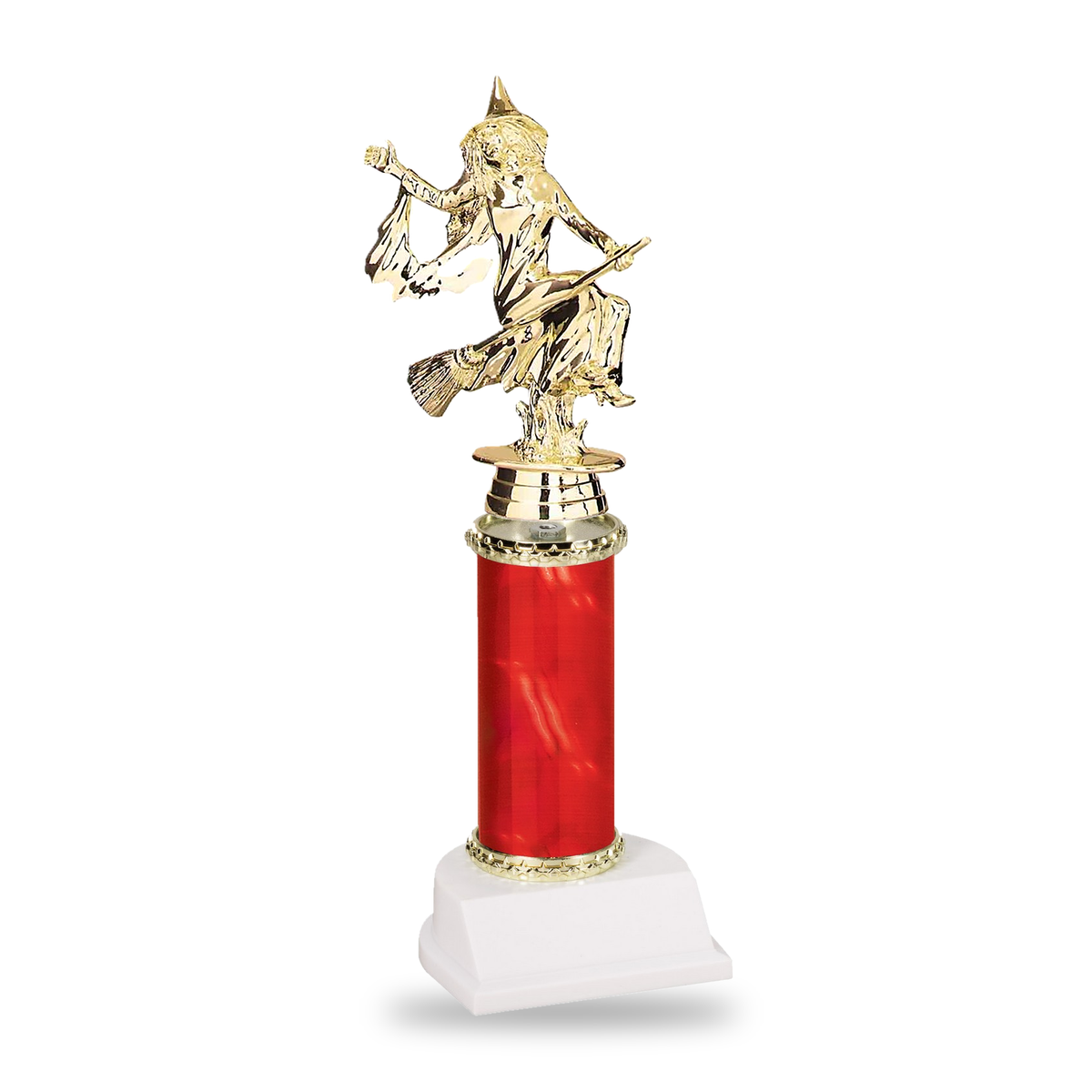Gold witch with flowing sleeves riding a broomstick Halloween trophy on a red column with gold star trim and white base