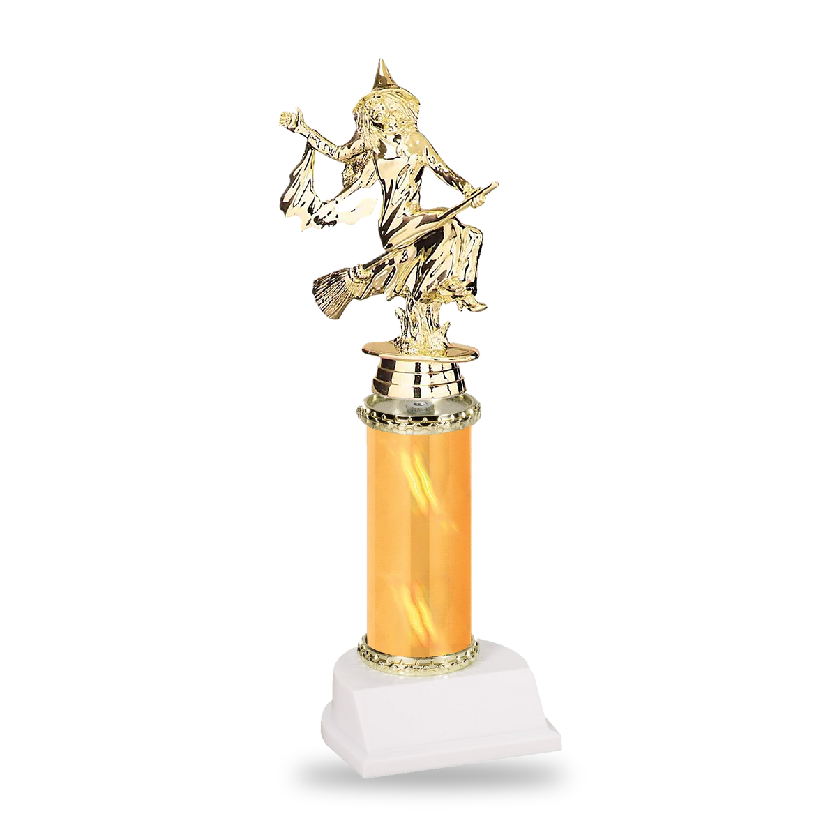 Gold witch with flowing sleeves riding a broomstick Halloween trophy on a gold column with gold star trim and white base