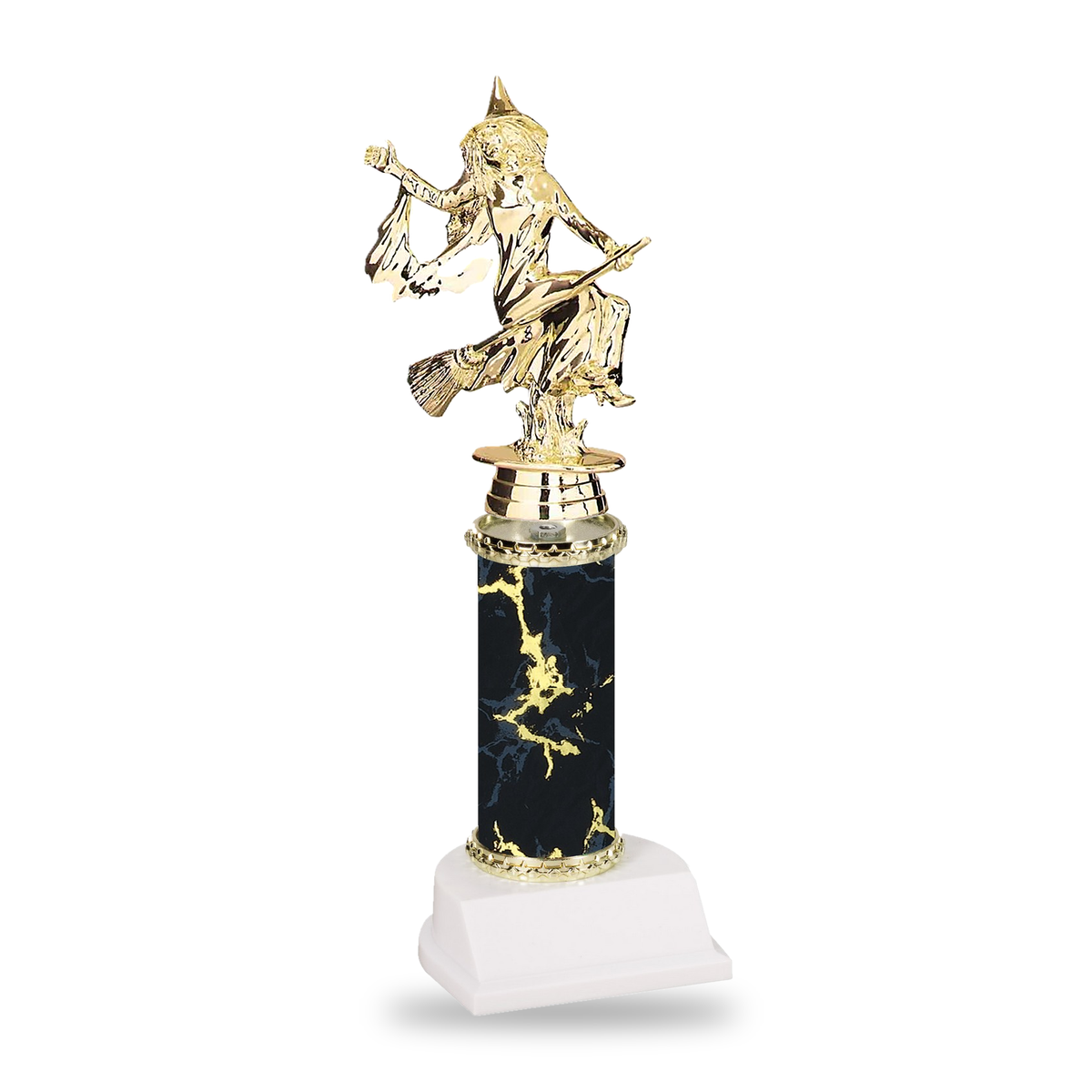 Gold witch with flowing sleeves riding a broomstick Halloween trophy on a black marble column with gold star trim and white base