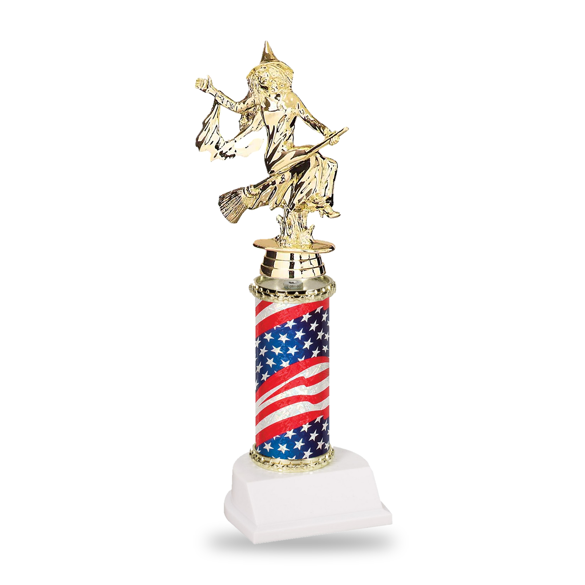 Gold witch with flowing sleeves riding a broomstick Halloween trophy on a stars and stripes flag column with gold star trim and white base