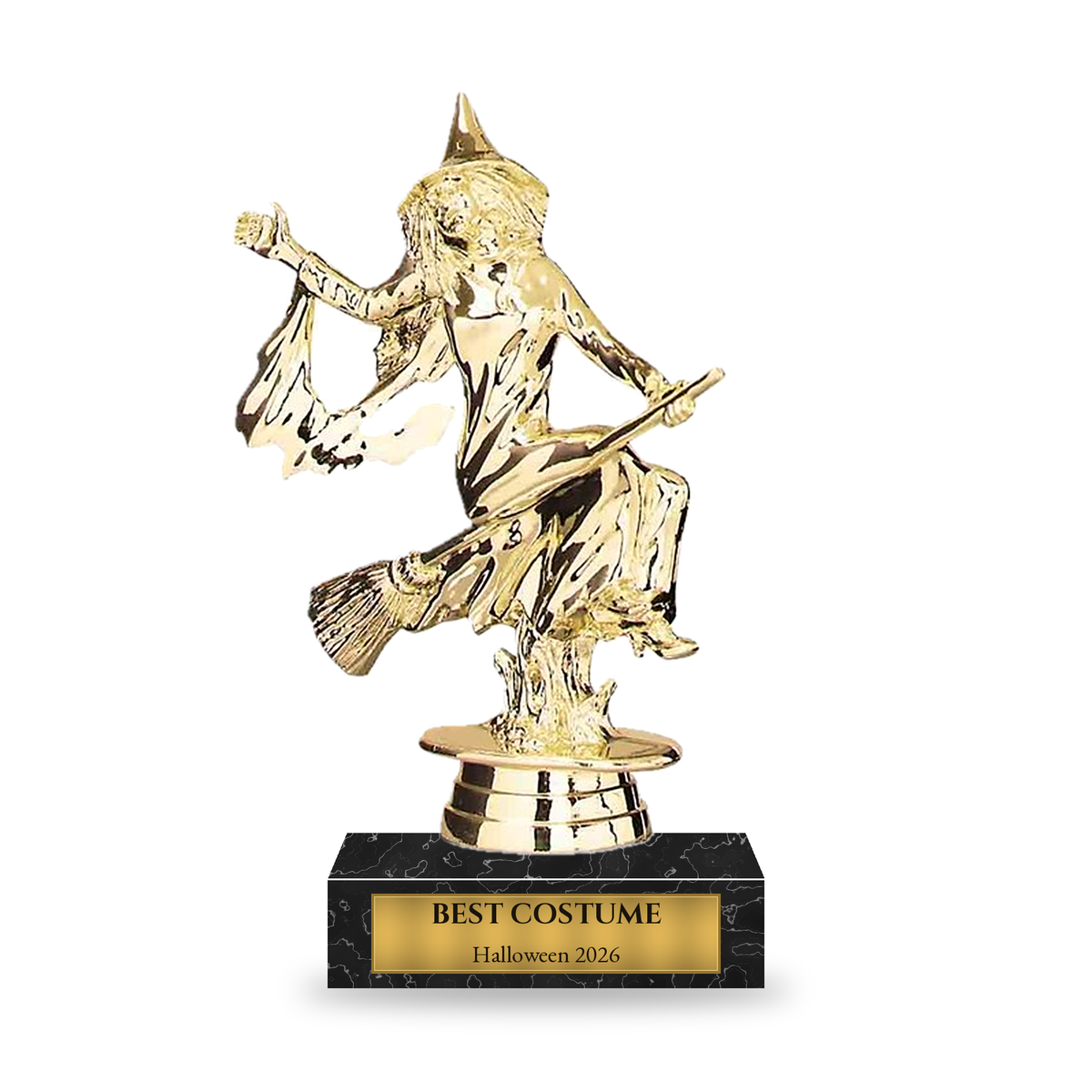 Gold witch with flowing sleeves riding a broomstick Halloween trophy on a black marble base with engraved gold plate