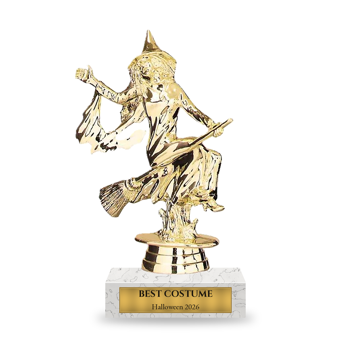 Gold witch with flowing sleeves riding a broomstick Halloween trophy on a white marble base with engraved gold plate
