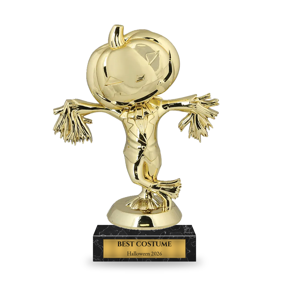 Gold pumpkin-headed scarecrow Halloween trophy on a black marble base with engraved gold plate