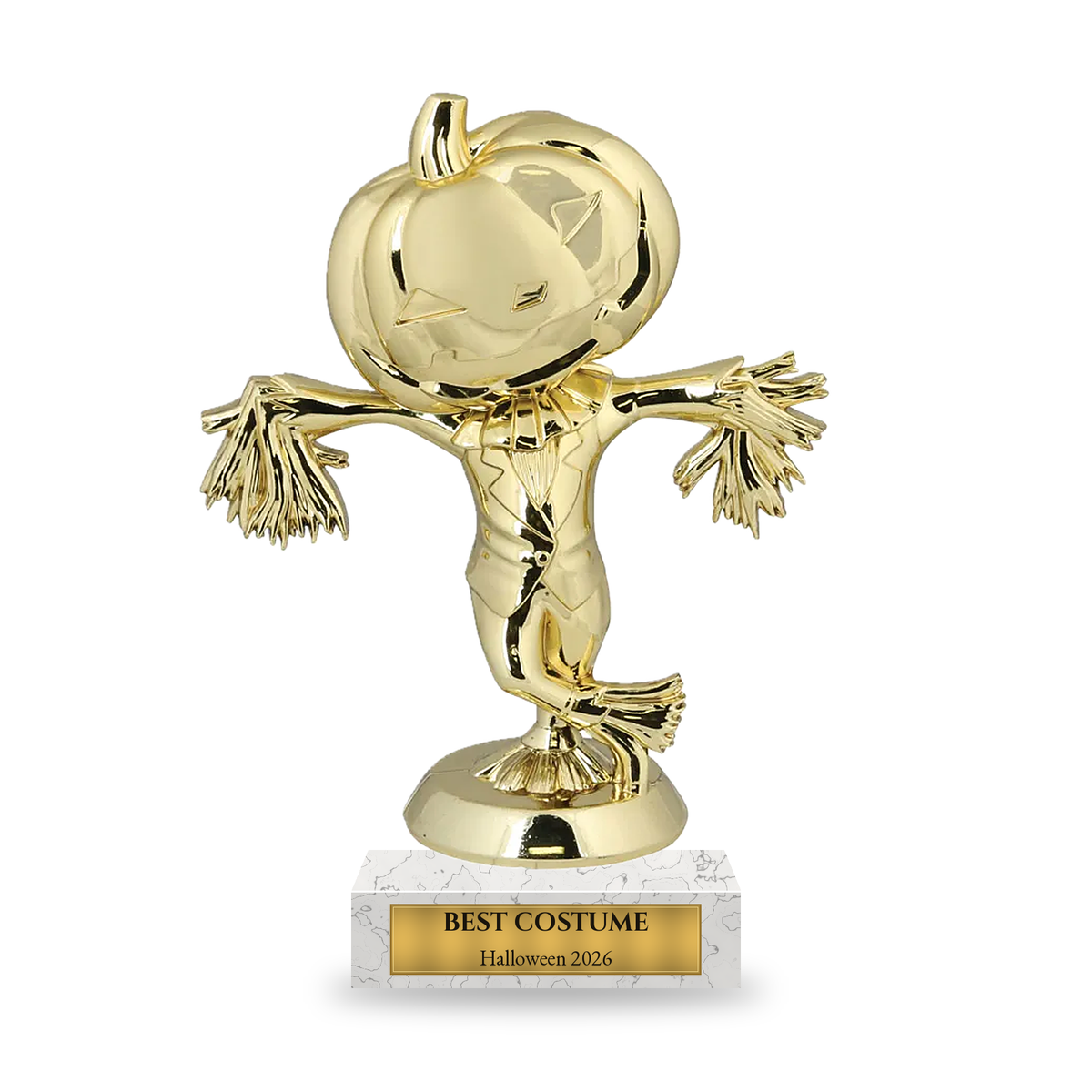 Gold pumpkin-headed scarecrow Halloween trophy on a white marble base with engraved gold plate