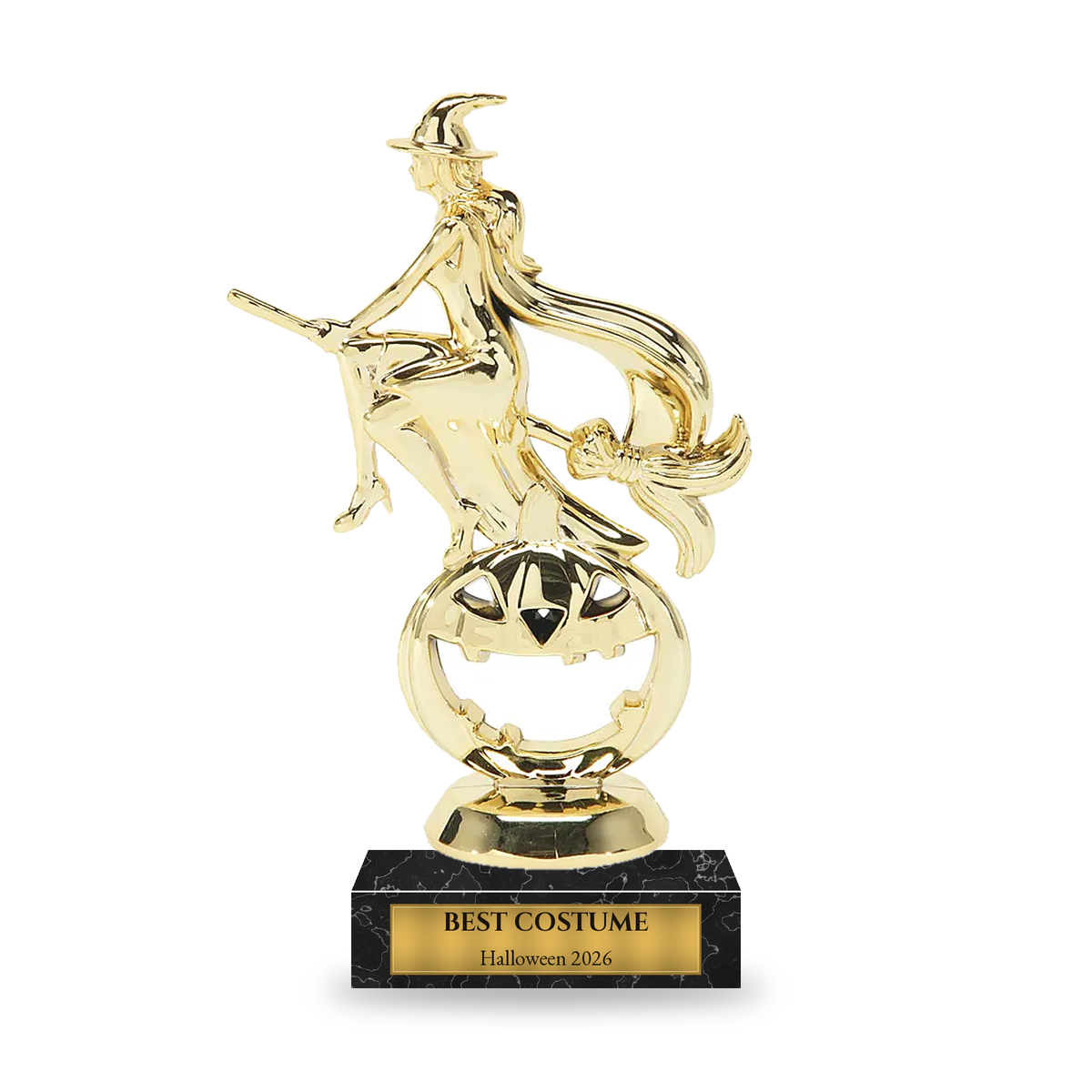 Gold witch flying over a jack-o-lantern Halloween trophy on a black marble base with engraved gold plate