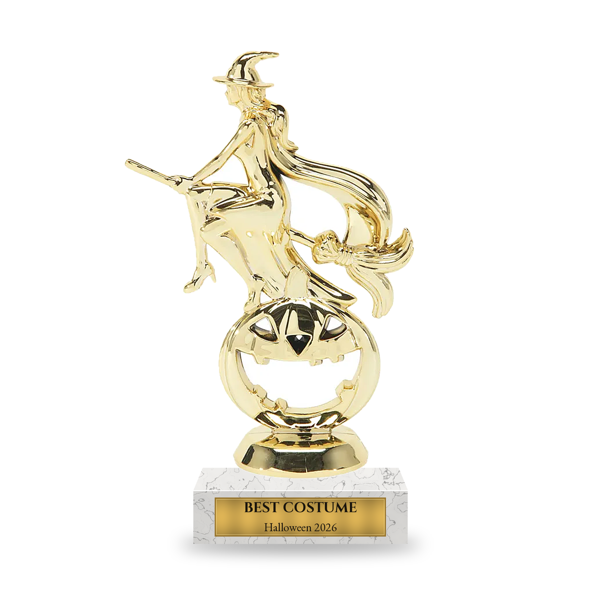 Gold witch flying over a jack-o-lantern Halloween trophy on a white marble base with engraved gold plate