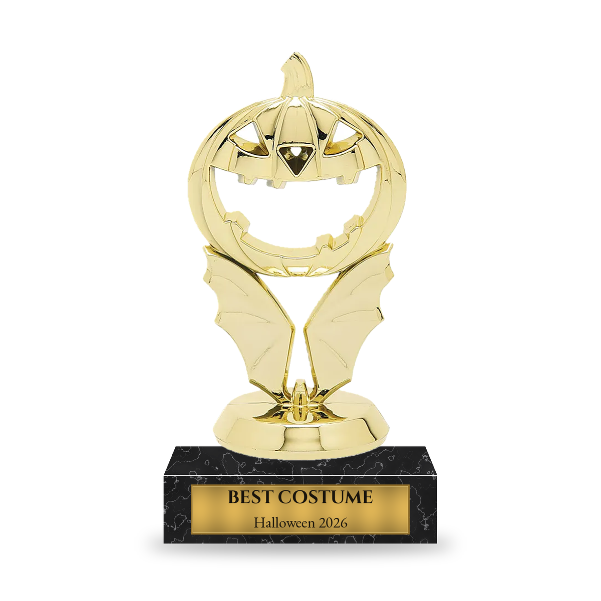 Gold winged jack-o-lantern Halloween trophy on a black marble base with engraved gold plate
