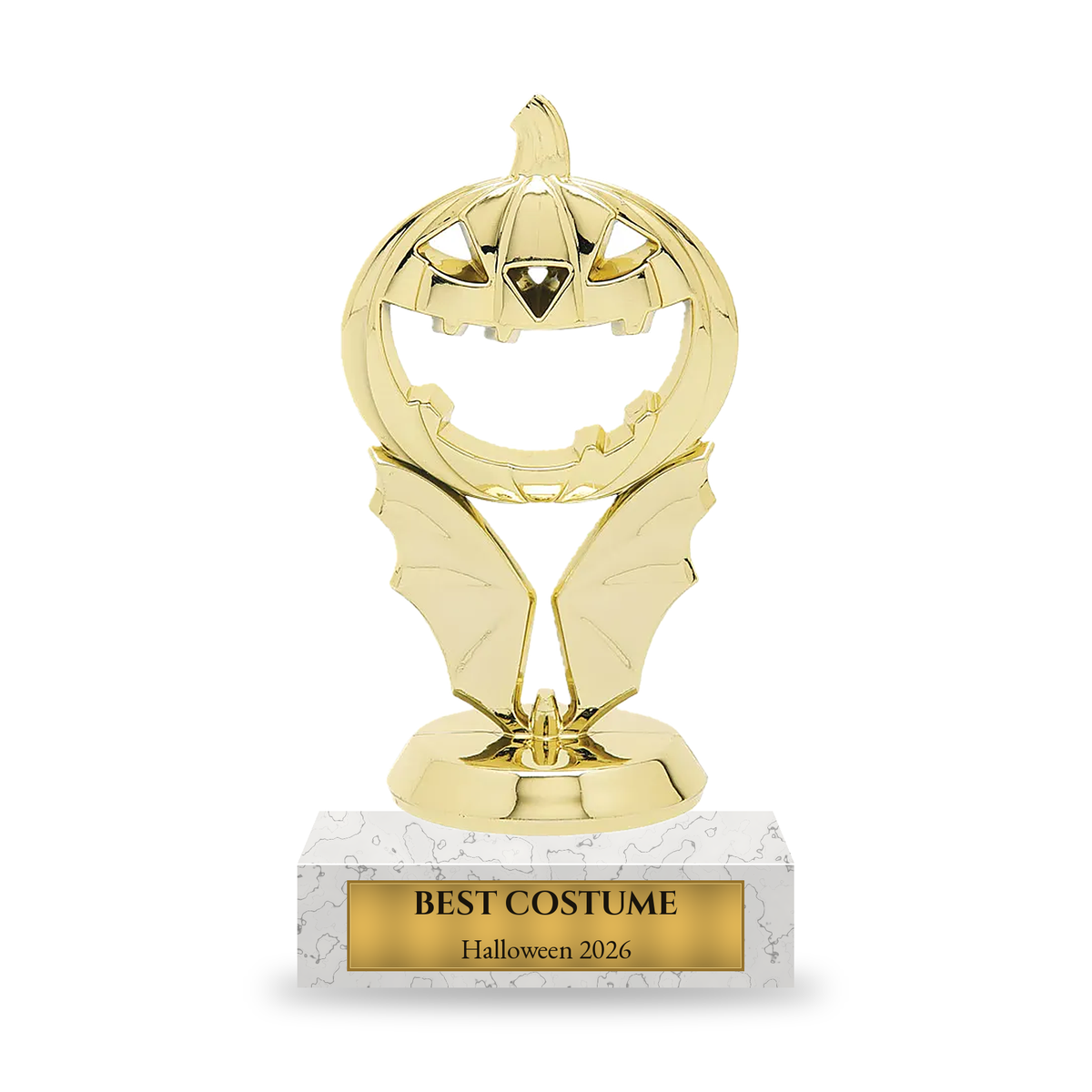 Gold winged jack-o-lantern Halloween trophy on a white marble base with engraved gold plate