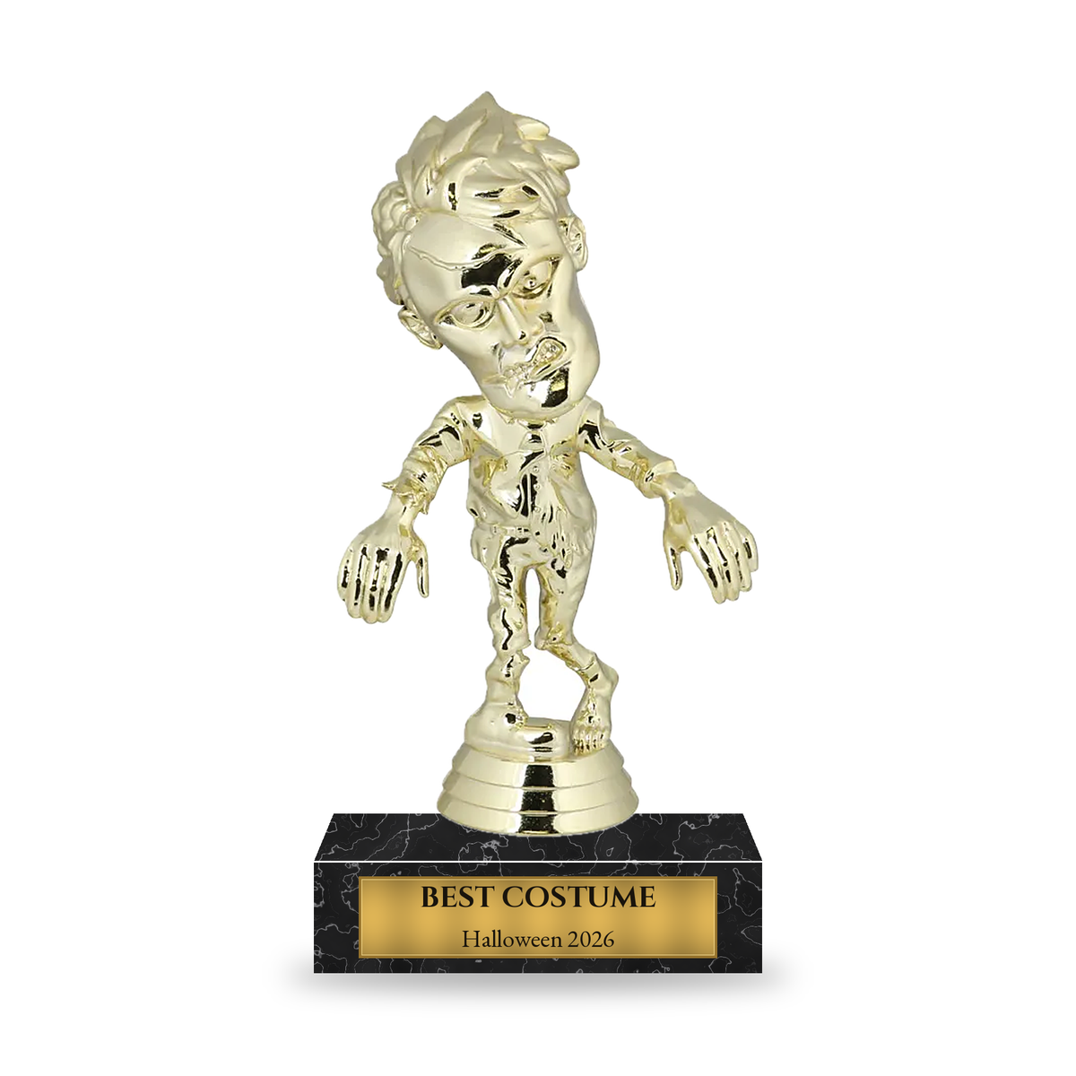 Gold zombie Halloween trophy on a black marble base with engraved gold plate