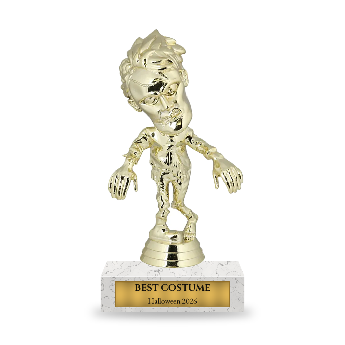 Gold zombie Halloween trophy on a white marble base with engraved gold plate