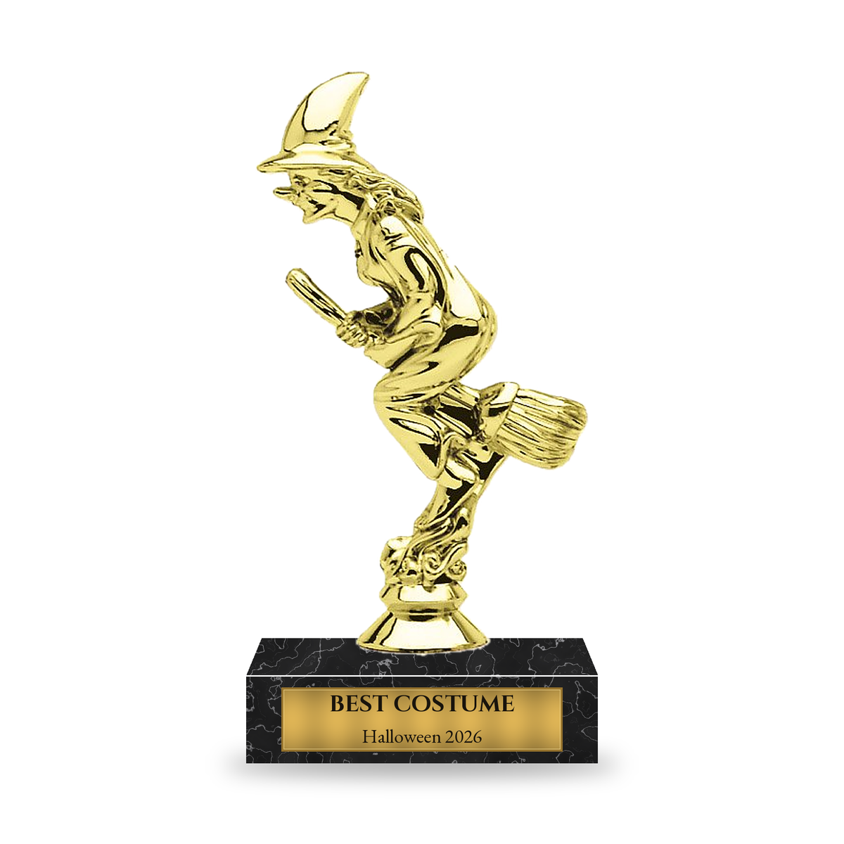 Gold classic crescent-hat witch on a broomstick Halloween trophy on a black marble base with engraved gold plate