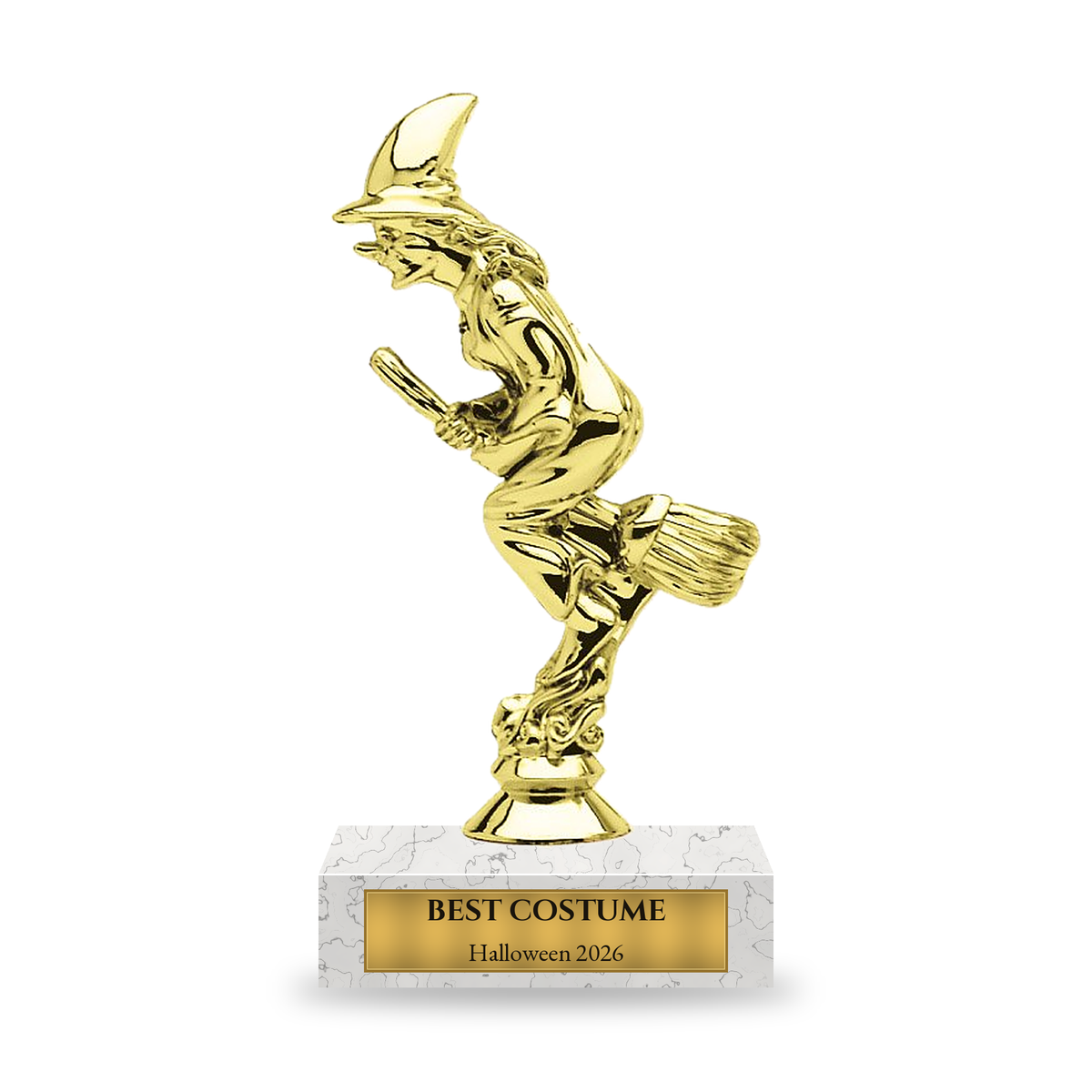 Gold classic crescent-hat witch on a broomstick Halloween trophy on a white marble base with engraved gold plate