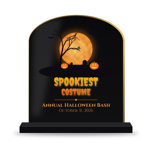 Black tombstone Halloween award with gold edge, full-color moon, bats and Spookiest Costume design
