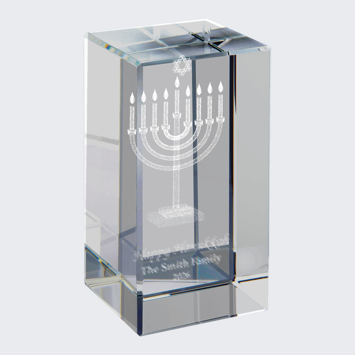 Menorah and Star of David engraved inside clear crystal