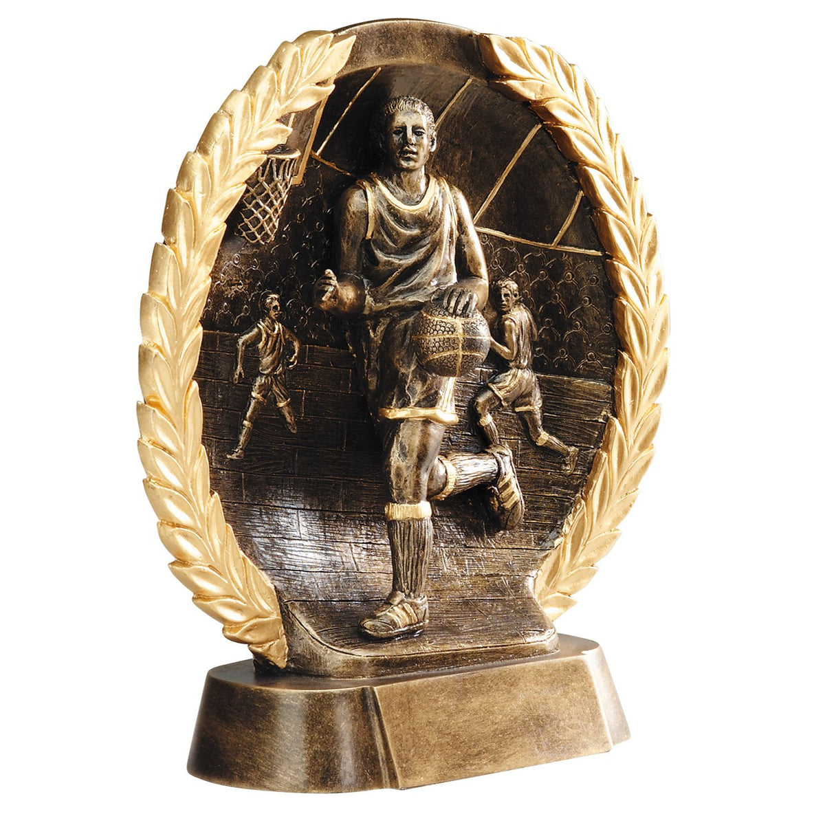 Male basketball player high relief bronze award - angled view