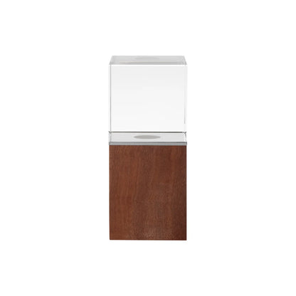 Light-up crystal column award glowing on a black walnut base, front view