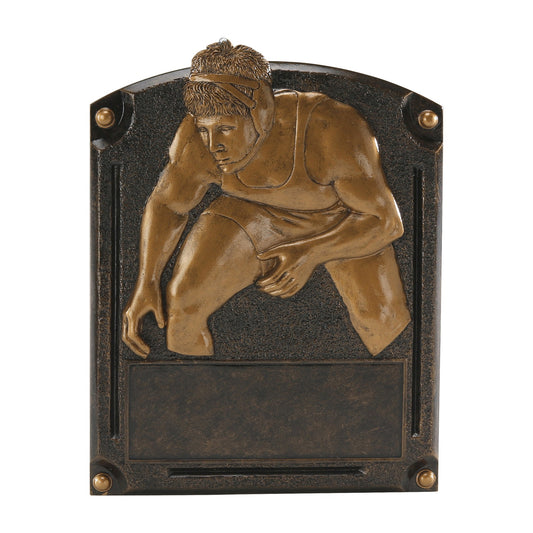 Legends of Fame wrestling plaque with a bronze high-relief wrestler and engraving area
